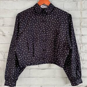 Vintage 80s Black and White Cropped Patterned Balloon Sleeve Blouse
